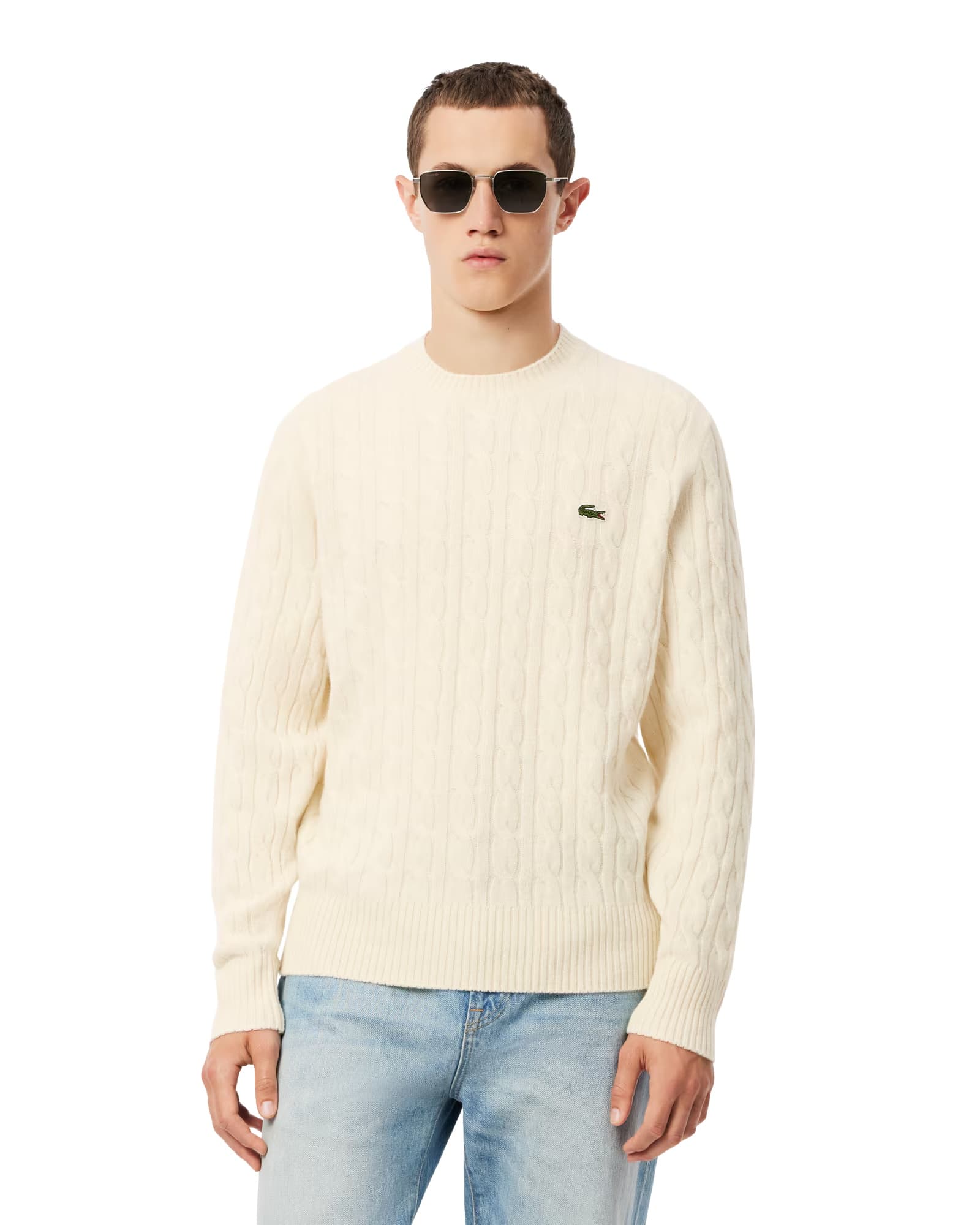 Lacoste Carded Wool Cable Knit Crew Neck Sweater